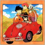  1girl 2boys :d arm_support bag bangs bare_arms bare_shoulders black_eyes black_hair blue_sky blunt_bangs border box bracelet capsule_corp car chi-chi_(dragon_ball) clouds cloudy_sky convertible couple day dougi dragon_ball dragon_ball_(object) dragon_ball_z driving family father_and_son fingernails floating_hair full_body grass ground_vehicle hair_bun hand_on_another&#039;s_waist happy hat hetero highres jewelry long_sleeves looking_afar looking_at_another messy_hair monkey_tail mother_and_son motor_vehicle mountain multiple_boys nature neckerchief open_mouth orange_border orange_neckwear outdoors outside_border package red_headwear rock shopping_bag sidelocks sitting sitting_on_person sitting_on_shoulder sky smile son_gohan son_gokuu tail teeth toritoki_(trig_tkdb) upper_teeth v-shaped_eyebrows 