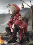  1girl :d animal_ears arknights bag bangs bare_tree black_footwear black_pants boots campfire clouds cloudy_sky commentary_request cross-laced_footwear eyebrows_visible_through_hair fire from_side fur-trimmed_jacket fur_trim highres hood hooded_jacket jacket lace-up_boots lantern long_sleeves open_mouth outdoors pants profile projekt_red_(arknights) red_jacket short_hair silver_hair sitting sky smile solo tail tree triangle_purasu wolf_ears wolf_tail yellow_eyes 