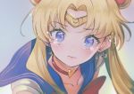  1girl bangs bishoujo_senshi_sailor_moon blonde_hair blue_eyes blue_sailor_collar bow choker circlet collarbone crescent crescent_earrings crying crying_with_eyes_open derivative_work double_bun earrings flying_teardrops hair_ornament heart heart_choker highres jewelry long_hair minamoto_you parted_bangs red_bow red_choker red_neckwear sailor_collar sailor_moon sailor_moon_redraw_challenge screencap_redraw shirt short_sleeves signature tears tiara twintails upper_body white_shirt 