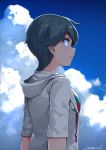  1girl bangs bikini bikini_under_clothes black_hair blue_eyes blue_sky clouds commentary day drawstring eyebrows_visible_through_hair grey_hoodie happa_(cloverppd) highres kantai_collection light_smile looking_away mogami_(kantai_collection) outdoors profile short_hair signature sky solo swimsuit upper_body 