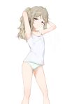  1girl armpits arms_up bangs bare_arms bare_legs bare_shoulders blush breasts brown_eyes camisole collarbone cowboy_shot highres light_brown_hair long_hair looking_at_viewer no_pants original panties ponytail simple_background small_breasts solo standing underwear white_background zagashira 