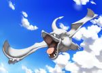  aerodactyl blue_eyes blue_sky clouds cloudy_sky commentary creature day english_commentary flying full_body gen_1_pokemon no_humans open_mouth outdoors pinkgermy pokemon pokemon_(creature) sky solo 