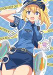  1girl ahoge aiguillette armband artoria_pendragon_(all) bangs baseball_cap belt blonde_hair blue_background blue_eyes blue_headwear blue_shirt blue_skirt blush breasts caution_tape chopsticks collared_shirt cuffs fate/grand_order fate_(series) gloves hair_between_eyes hair_through_headwear handcuffs hat heroic_spirit_festival_outfit highres keep_out large_breasts long_hair looking_at_viewer mysterious_heroine_xx_(foreigner) necktie open_mouth ponytail ramen shirt short_sleeves skirt thighs xiafuizui 