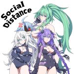  4girls ahoge angry black_heart braid breast_envy breasts coronavirus_pandemic gloves green_hair green_heart height_difference highres leotard light_blue_hair long_hair looking_at_another looking_at_viewer medium_breasts multiple_girls neptune_(series) ponytail power_symbol purple_hair purple_heart red_eyes short_hair_with_long_locks simple_background symbol-shaped_pupils thighs twin_braids up_(mmmmmmmmss) very_long_hair violet_eyes white_background white_hair white_heart 
