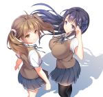  2girls ahoge bangs black_legwear blue_eyes blue_ribbon blue_skirt breasts brown_eyes brown_hair brown_vest dress_shirt eyebrows_visible_through_hair hair_ornament hairpin jiayu_long large_breasts long_hair looking_at_viewer looking_back miniskirt mo_xiaoju multiple_girls pleated_skirt purple_hair ribbon school_uniform shirt short_sleeves skirt smile thigh-highs tricolour_lovestory twintails vest wen_zhi white_shirt wind zettai_ryouiki 