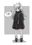  1girl :o ? animal_ears arknights bangs black_footwear black_jacket chinese_commentary commentary_request full_body grey_eyes high_collar jacket lappland_(arknights) long_hair long_sleeves looking_at_viewer open_mouth scar scar_across_eye shoes silver_hair sleeves_past_fingers sleeves_past_wrists socks solo spoken_question_mark standing white_legwear wolf_ears yadandandan younger 