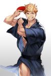  1boy abs bara blonde_hair chest collarbone granblue_fantasy green_hair holding japanese_clothes kimono looking_to_the_side male_focus official_style paddle pectorals revealing_clothes smile solo standing table_tennis table_tennis_paddle teeth thighs tsudoo upper_body vane_(granblue_fantasy) white_background yukata 