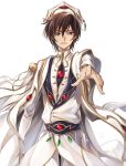  1boy bangs brown_hair code_geass hair_between_eyes highres kubird_meme lelouch_lamperouge long_sleeves looking_at_viewer male_focus outstretched_arm parted_lips short_hair simple_background solo standing violet_eyes white_background 