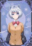  1girl absurdres animal_ears bangs black_jacket blue_eyes blush bow breasts cat_ears commentary_request dsbz eyebrows_visible_through_hair grey_hair highres jacket large_breasts looking_at_viewer original red_bow red_neckwear shirt short_hair smile snowflake_print solo sweater_vest upper_body white_shirt 