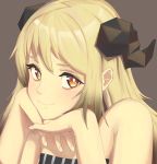  1girl absurdres arknights bangs bare_shoulders blonde_hair blush commentary grey_background hands_up highres horns ifrit_(arknights) long_hair looking_at_viewer orange_eyes radioneet simple_background solo strapless upper_body 