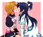  2girls blue_hair blush bow brown_hair closed_eyes cure_black cure_white detached_sleeves ear_blush earrings futari_wa_precure hair_bow heart heart_earrings highres jewelry kiss long_hair magical_girl midriff miiii misumi_nagisa multiple_girls precure short_hair sweat thick_eyebrows white_bow yukishiro_honoka yuri 