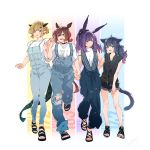  4girls :d animal_ears arknights bangs black_footwear black_hair black_ribbon black_shorts blonde_hair blue_pants blunt_bangs brown_hair casual cat_ears cat_tail catapult_(arknights) character_name collarbone commentary_request denim full_body green_eyes hair_between_eyes hair_ornament hair_ribbon hairclip height_chart high_ponytail highres holding_hands horns horse_ears jessica_(arknights) long_hair looking_at_another looking_at_viewer multiple_girls open_mouth open_toe_shoes overalls pants pointy_ears ponytail purple_hair red_eyes ribbon rope_(arknights) sandals shirt shizuyoshi short_hair shorts sidelocks signature simple_background sleeveless smile tail toes torn_clothes vanilla_(arknights) white_background white_shirt 