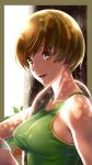  1girl brown_eyes brown_hair dated eyebrows_visible_through_hair gentle_sasaki green_shirt highres looking_at_viewer persona persona_4 satonaka_chie shirt short_hair signature solo sweat tank_top towel tree wristband 