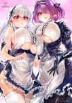  2girls apron azur_lane bangs bare_shoulders black_gloves black_hairband black_legwear blush breasts brown_eyes commentary_request dido_(azur_lane) eyebrows_visible_through_hair frilled_apron frills gloucester_(azur_lane) gloves hair_over_one_eye hairband highres large_breasts long_hair long_sleeves looking_at_viewer maid multiple_girls open_mouth pantyhose parted_lips pink_eyes puffy_sleeves purple_hair short_hair signature signo_aaa silver_hair sleeveless smile thigh-highs thighband_pantyhose thighs under_boob underboob_cutout waist_apron white_apron white_hair white_legwear 