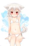  1girl animal_ear_fluff animal_ears bangs bikini blush commentary_request covered_nipples eyebrows_visible_through_hair flat_chest hair_between_eyes highres inubashiri_momiji kibisake looking_at_viewer navel red_eyes short_hair side-tie_bikini simple_background smile solo swimsuit tail touhou white_background white_bikini white_hair wolf_ears wolf_tail 