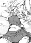  1girl animal_print blush breasts closed_eyes commentary_request cup drunk facing_viewer frog_print greyscale harusame_(unmei_no_ikasumi) hat long_hair long_sleeves long_tongue lying medium_breasts midriff miniskirt monochrome moriya_suwako navel on_back open_mouth shirt sidelocks skirt skirt_set smile solo tatami thigh-highs tongue touhou turtleneck vest wide_sleeves 