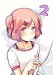  1girl bangs blush cappuccino1 casual collarbone doki_doki_literature_club eyes_visible_through_hair hair_ornament hair_ribbon hairclip natsuki_(doki_doki_literature_club) pink_eyes pink_hair red_ribbon ribbon shirt short_hair short_sleeves simple_background sleeve_pull solo_focus swept_bangs two_side_up white_shirt 