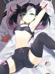  1girl absurdres aqua_eyes armpits arms_up asymmetrical_bangs bangs bed black_hair black_legwear black_shorts blush bow breasts crop_top gen_4_pokemon highres indoors looking_at_viewer lying mary_(pokemon) navel neppuu_(neruneru_nerune) no_bra on_back on_bed pillow pink_bow poke_ball pokemon pokemon_(game) pokemon_swsh rotom rotom_dex short_twintails shorts sleeping sleeveless small_breasts spread_legs sweatdrop thigh-highs twintails under_boob zzz 