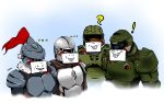  4boys armor bd77 blue_background crossover din_djarin doom_(game) doomguy english_commentary faceless faceless_male goblin_slayer goblin_slayer! halo_(game) looking_ahead looking_to_the_side master_chief me_and_the_boys multiple_boys parody plume power_armor spartan_(halo) star_wars the_mandalorian trait_connection visor 