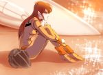 1980s_(style) 1girl beach blurry blurry_background blurry_foreground boots brown_hair commentary commentary_request dusk hayase_misa helmet jumpsuit long_hair macross macross:_do_you_remember_love? mecha mikimoto_haruhiko_(style) official_style oldschool pilot_suit reflection sad sand science_fiction shiny sitting thinking u.n._spacy variable_fighter vf-1 waeba_yuusee water wreckage 