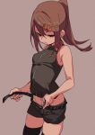  belt belt_buckle brown_eyes brown_hair buckle fu-ta hair_ornament hairclip original ponytail shorts thigh-highs usami_taiga 