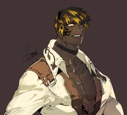  1boy abs black_hair blonde_hair blouse chest collar collared_shirt cowboy_shot dark_skin long_sleeves male_focus manly multicolored_hair muscle open_clothes open_shirt original pigeon666 scar shirt simple_background solo_focus two-tone_hair white_blouse 