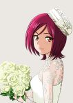 1girl bakusai bangs bouquet closed_mouth dress flower from_side futari_wa_precure_splash_star hat holding holding_bouquet kiryuu_michiru looking_at_viewer orange_eyes parted_bangs precure redhead rose shiny shiny_hair short_hair simple_background smile solo upper_body wedding_dress white_background white_dress white_flower white_headwear white_rose 