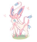  blue_eyes bug butterfly charamells closed_mouth commentary creature english_commentary from_side full_body gen_6_pokemon grass insect no_humans pokemon pokemon_(creature) profile simple_background smile solo standing sylveon white_background 