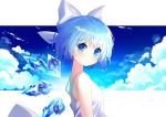  1girl bangs bare_shoulders blue_eyes blue_hair blush bow breasts cirno commentary_request dress eyebrows_visible_through_hair from_side hair_bow highres ice ice_wings looking_at_viewer short_hair sleeveless sleeveless_dress small_breasts solo spaghetti_strap sundress touhou upper_body white_dress wings yuujin_(mhhnp306) 
