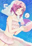  1girl alternate_hairstyle ball bangs bare_arms bare_shoulders beachball bikini bikini_skirt blush cappuccino1 collarbone cowboy_shot doki_doki_literature_club dutch_angle eyebrows_visible_through_hair hair_ornament hair_ribbon hairclip looking_at_viewer midriff musical_note natsuki_(doki_doki_literature_club) navel pink_eyes pink_hair red_ribbon ribbon short_hair smile solo spoken_musical_note swept_bangs swimsuit two_side_up v-shaped_eyebrows 