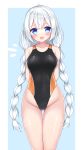  /\/\/\ 1girl absurdres arm_behind_back black_swimsuit blue_background blue_eyes border braid collarbone commentary_request competition_swimsuit highres kizuna_akari looking_at_viewer one-piece_swimsuit silver_hair smile solo standing swimsuit thigh_gap tomin_(tomin_90) twin_braids two-tone_background voiceroid white_border 