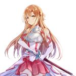  1girl asuna_(sao) bangs blush braid breastplate brown_eyes brown_hair closed_mouth cowboy_shot crown_braid elbow_gloves floating_hair gloves hair_between_eyes highres holding holding_sheath holding_sword holding_weapon hozumi_rino long_hair looking_at_viewer miniskirt pleated_skirt red_skirt sheath sheathed shiny shiny_hair simple_background sketch skirt solo standing sword sword_art_online very_long_hair waist_cape weapon white_background white_gloves 