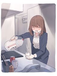  1girl air_conditioner alcohol beer_can blush brown_hair business_suit can chopsticks closed_eyes collared_shirt commentary cup eyebrows_visible_through_hair formal frilled_blouse highres jacket kitchen ladle medium_hair mug nirareba open_mouth original pouring shirt sink stove suit translated 