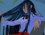  1girl black_hair blue_eyes bow chair closed_mouth eyes_visible_through_hair fingernails hair_between_eyes long_hair original plant red_bow red_neckwear sitting solo very_long_hair yao_(kiwi_hiu) 