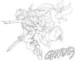  1boy 2girls :d :o absurdres copyright_name creature dress feena_(grandia) fingerless_gloves floating_hair friends full_body gloves grandia grandia_i hair_ornament hat highres holding holding_sword holding_weapon index_finger_raised jumping justin_(grandia) kurita_shin&#039;ichi lineart long_hair low-tied_long_hair monochrome multiple_girls open_mouth outstretched_arm puui_(grandia) simple_background smile sue_(grandia) sword teeth thigh-highs torn_clothes torn_legwear weapon white_background 
