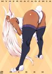 1girl animal_ears ass black_legwear boku_no_hero_academia breasts bunny_tail character_name dark_skin donson highres large_breasts leaning_forward leotard long_hair looking_at_viewer looking_back mirko muscle muscular_female rabbit_ears red_eyes smile solo tail thigh-highs white_hair white_leotard 