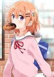  1girl absurdres bag bangs blurry blurry_background blush brick_wall brown_hair cardigan commentary_request day depth_of_field doughnut eyebrows_visible_through_hair food food_in_mouth gochuumon_wa_usagi_desu_ka? hair_between_eyes hair_ornament hairclip highres hoto_cocoa kafuu_chino&#039;s_school_uniform looking_at_viewer mousou_(mousou_temporary) neck_ribbon outdoors pink_cardigan pleated_skirt red_ribbon ribbon sailor_collar school_bag school_uniform serafuku skirt solo violet_eyes white_sailor_collar white_skirt window 