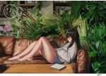  1girl absurdres bangs bare_legs barefoot black_hair blue_shorts book bookshelf closed_mouth commentary_request couch flower grey_sweater hair_between_eyes highres holding holding_book indoors long_hair long_sleeves looking_away on_couch open_book original pink_flower pink_rose profile puffy_long_sleeves puffy_sleeves reclining red_eyes rose short_shorts shorts solo sweater table very_long_hair wang_man 