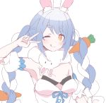  1girl ;q animal_ear_fluff animal_ears arm_up bangs bare_shoulders blue_hair blush bow braid breasts brown_eyes carrot_hair_ornament closed_mouth detached_sleeves dress eyebrows_visible_through_hair food_themed_hair_ornament hair_bow hair_ornament hololive long_hair multicolored_hair one_eye_closed puffy_short_sleeves puffy_sleeves rabbit_ears short_sleeves simple_background small_breasts smile solo strapless strapless_dress tadanoshi_kabane thick_eyebrows tongue tongue_out twin_braids twintails two-tone_hair upper_body usada_pekora v_over_eye very_long_hair virtual_youtuber white_background white_bow white_dress white_hair white_sleeves 