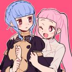  2girls arm_around_back blank_stare blue_hair braid do_m_kaeru fire_emblem fire_emblem:_three_houses garreg_mach_monastery_uniform hilda_valentine_goneril holding_arm long_hair looking_at_another marianne_von_edmund multiple_girls pink_eyes pink_hair red_background sidelocks simple_background upper_body violet_eyes 