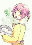  1girl alternate_hairstyle apron bangs blush bowl cappuccino1 doki_doki_literature_club fang food food_on_face hair_ornament hair_ribbon hairclip long_sleeves looking_at_viewer natsuki_(doki_doki_literature_club) open_mouth pink_apron pink_eyes pink_hair red_ribbon ribbon shirt short_hair short_ponytail simple_background skirt solo swept_bangs tongue tongue_out yellow_shirt yellow_skirt 