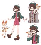  1girl :d ^_^ brown_eyes brown_footwear brown_hair bunny_on_shoulder cardigan charamells closed_eyes commentary creature english_commentary flat_chest frown gen_8_pokemon green_headwear on_shoulder open_mouth pokemon pokemon_(creature) pokemon_(game) pokemon_on_shoulder pokemon_swsh rabbit scorbunny shoelaces shoes short_hair smile starter_pokemon yuuri_(pokemon) 