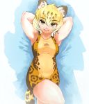  1girl animal_ears animal_print armpits arms_behind_head arms_up bangs bare_arms blonde_hair brown_hair collarbone competition_swimsuit eyebrows_visible_through_hair fang fang_out hair_between_eyes highres jaguar_(kemono_friends) jaguar_ears jaguar_print jaguar_tail kemono_friends knee_up lips looking_at_viewer lying multicolored_hair on_back one-piece_swimsuit parted_lips print_swimsuit short_hair smile solo swimsuit tail toki_reatle yellow_eyes 