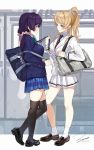  2girls alternate_costume ankle_socks ayase_eli bag black_legwear blazer blonde_hair blue_eyes blue_skirt commentary_request full_body green_eyes green_neckwear highres jacket long_hair love_live! love_live!_school_idol_project low_twintails multiple_girls neckerchief otonokizaka_school_uniform plaid plaid_skirt pleated_skirt ponytail purple_hair school_bag school_uniform scrunchie skirt standing striped striped_neckwear thigh-highs toujou_nozomi train_interior twintails utx_school_uniform white_scrunchie white_skirt zawawa_(satoukibi1108) 