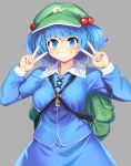  1girl backpack bag bangs blue_eyes blue_hair blue_skirt blush breasts cabbie_hat commentary_request double_v eyebrows_visible_through_hair frilled_shirt_collar frills green_headwear grey_background grin hair_bobbles hair_ornament hands_up hat highres kawashiro_nitori key looking_at_viewer medium_breasts partial_commentary revision shirt short_hair simple_background skirt skirt_set smile solo tarmo touhou upper_body v white_shirt 