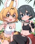  2girls :3 adapted_costume animal_ears bare_shoulders black_gloves black_hair black_legwear black_shirt blonde_hair blue_eyes blush clothes_around_waist commentary_request eating extra_ears eyebrows_visible_through_hair fangs fish gloves highres kaban_(kemono_friends) kemono_friends midriff multiple_girls navel open_mouth pantyhose print_skirt ransusan serval_(kemono_friends) serval_ears serval_girl serval_print serval_tail shirt shirt_around_waist short_hair sitting skirt sleeveless tail tank_top tied_shirt tied_skirt torn_clothes torn_legwear white_shirt yellow_eyes 