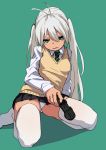  1girl antenna_hair character_request controller copyright_request fu-ta game_controller gamepad green_eyes looking_at_viewer necktie panties pantyshot school_uniform simple_background sitting solo striped striped_neckwear sweater_vest thigh-highs twintails underwear wariza white_hair white_legwear white_panties 