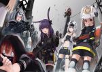  6+girls animal_ears arknights axe blush cat_ears cliffheart_(arknights) crownslayer_(arknights) eyewear_on_head feater_(arknights) gauntlets hat helmet hood hoodie multicolored_hair multiple_girls orange_hair panda_ears projekt_red_(arknights) purple_hair rabbit_ears reunion_soldier_(arknights) ribbon rope rope_(arknights) saliva shaw_(arknights) signature silver_hair squirrel_tail tail tears wolf_ears wolf_tail yatsucchie 