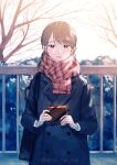  1girl absurdres bag blush breath brown_eyes brown_hair coat gift highres holding holding_gift kanai_(nai_nai) looking_at_viewer original outdoors parted_lips plaid plaid_scarf railing scarf shoulder_bag solo tree upper_body valentine winter_clothes 