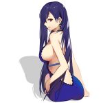  1girl back blue_dress blue_hair breasts dress earrings final_fantasy highres jewelry large_breasts long_hair looking_at_viewer looking_back moon_necklace profile red_eyes sitting smile solo talnory tifa_lockhart white_background 